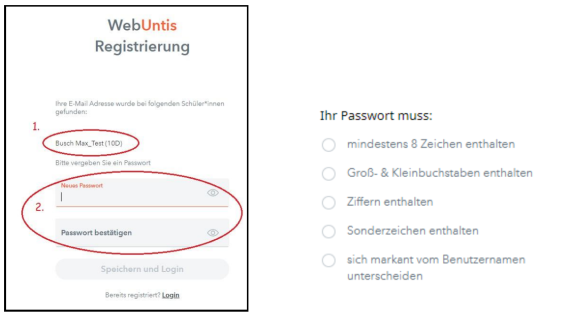 Passwortvergabe und Auswahl des Kindes