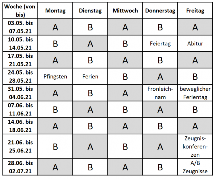 Wochentagezuordnung bis Sommerferien